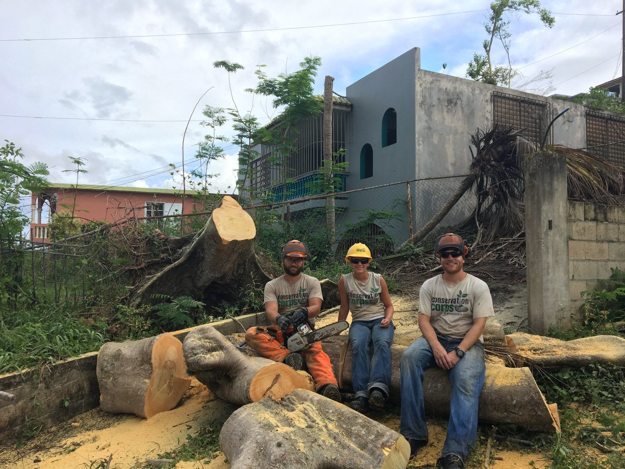 Three crew members sit on a large cut tree trunk facing camera