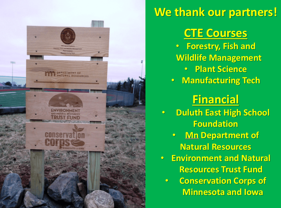 Vertically split image with sign post on the left and yellow text on right with the heading "We thank our partners!" All parterns are listed below. 