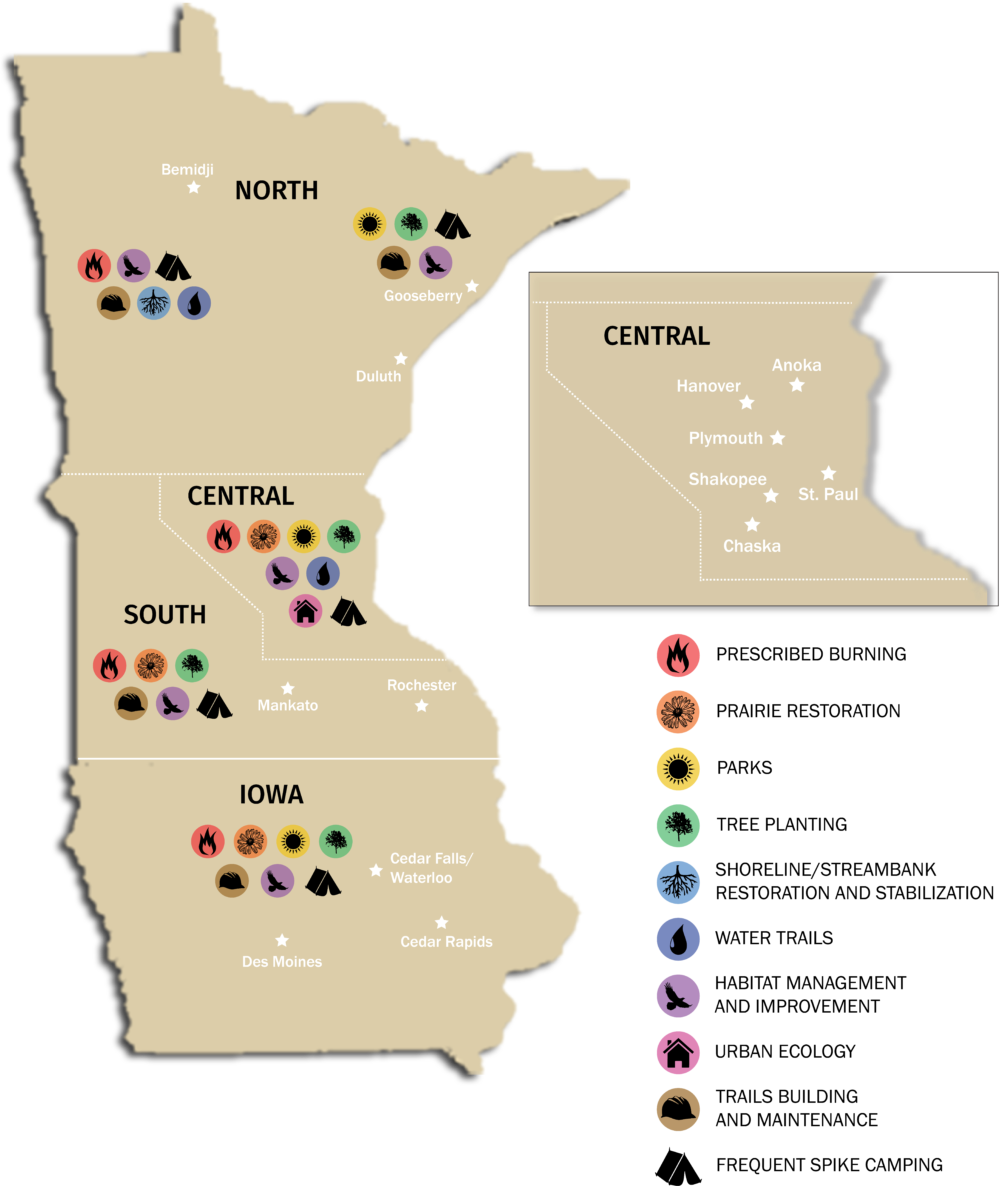 Map showing Crew locations in Bemidhi, Gooseberry , Duluth, Mankato, Rochester, Twin Cities area, Cedar Falls, Waterloo, Des Moines, and Cedar Rapids.