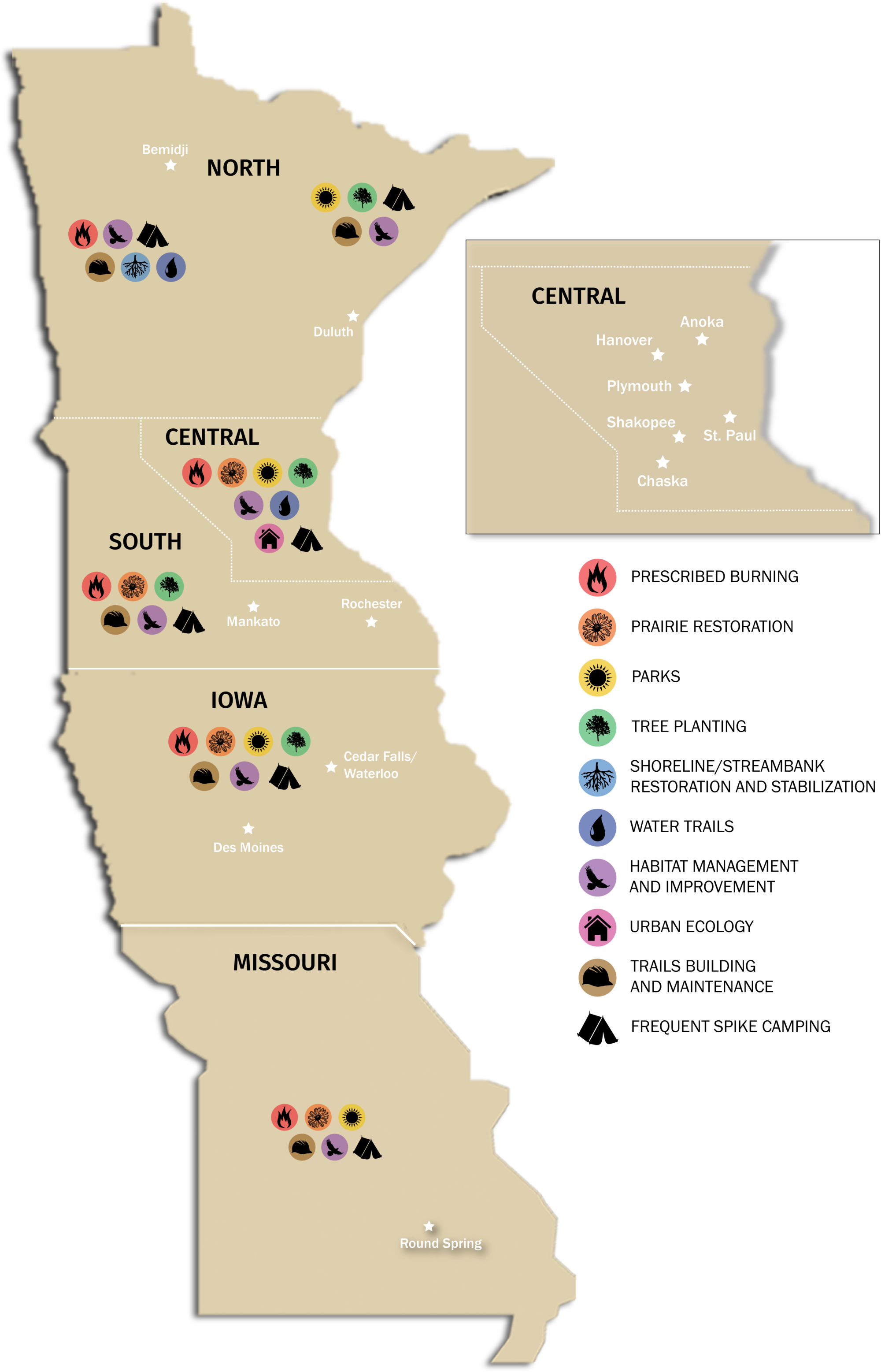 Map depicting field crew locations in Minnesota, Iowa, and Missouri