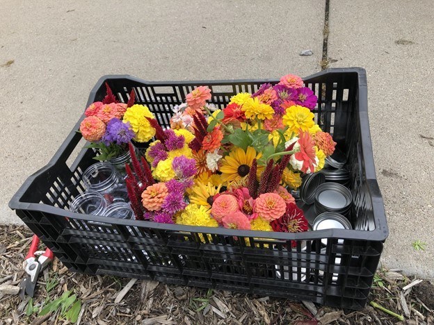 Black box sitting on the ground filled with jars. The jars are filled with a colorful assortment of flowers.