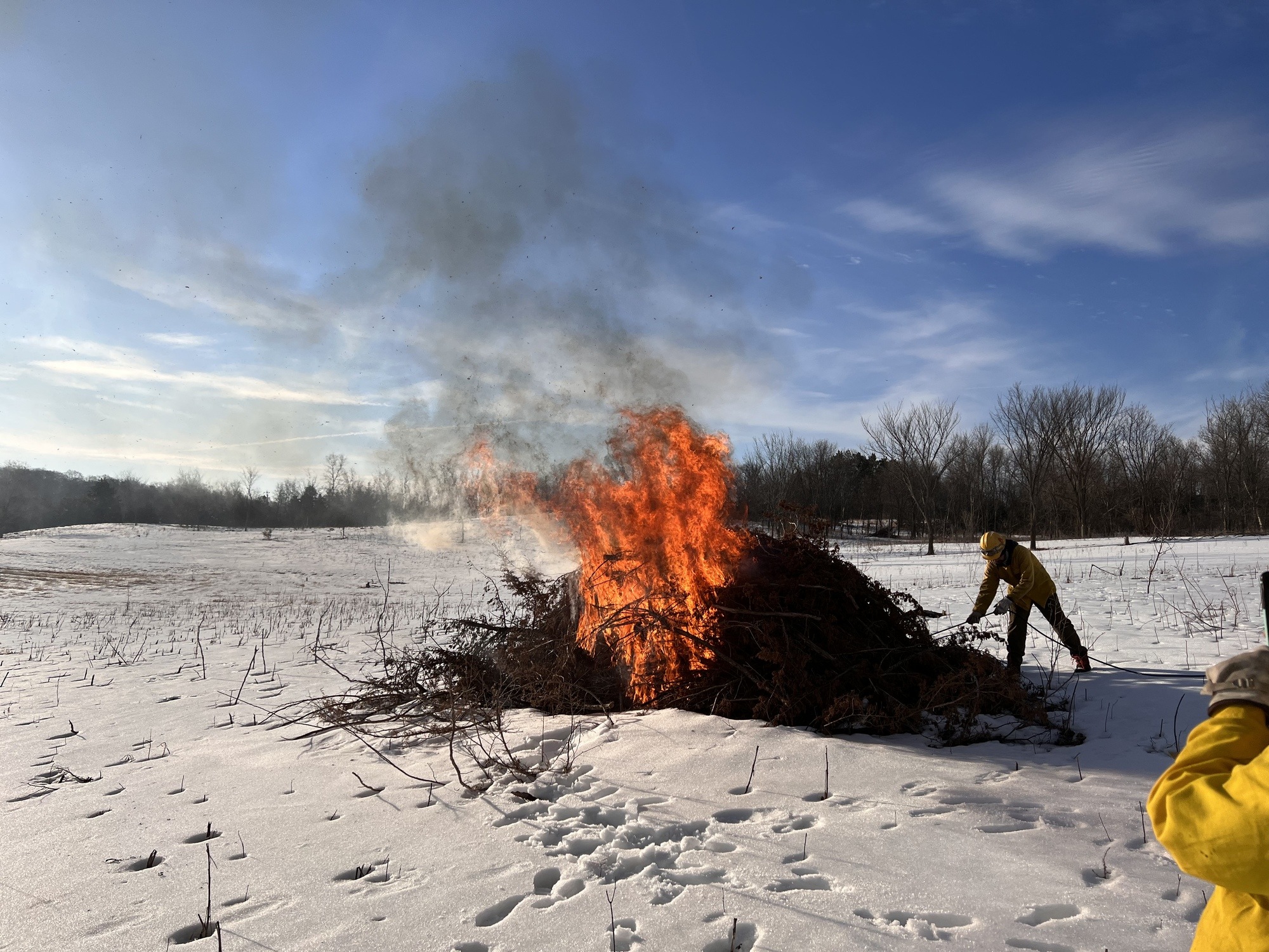 pile of sticks burning in field