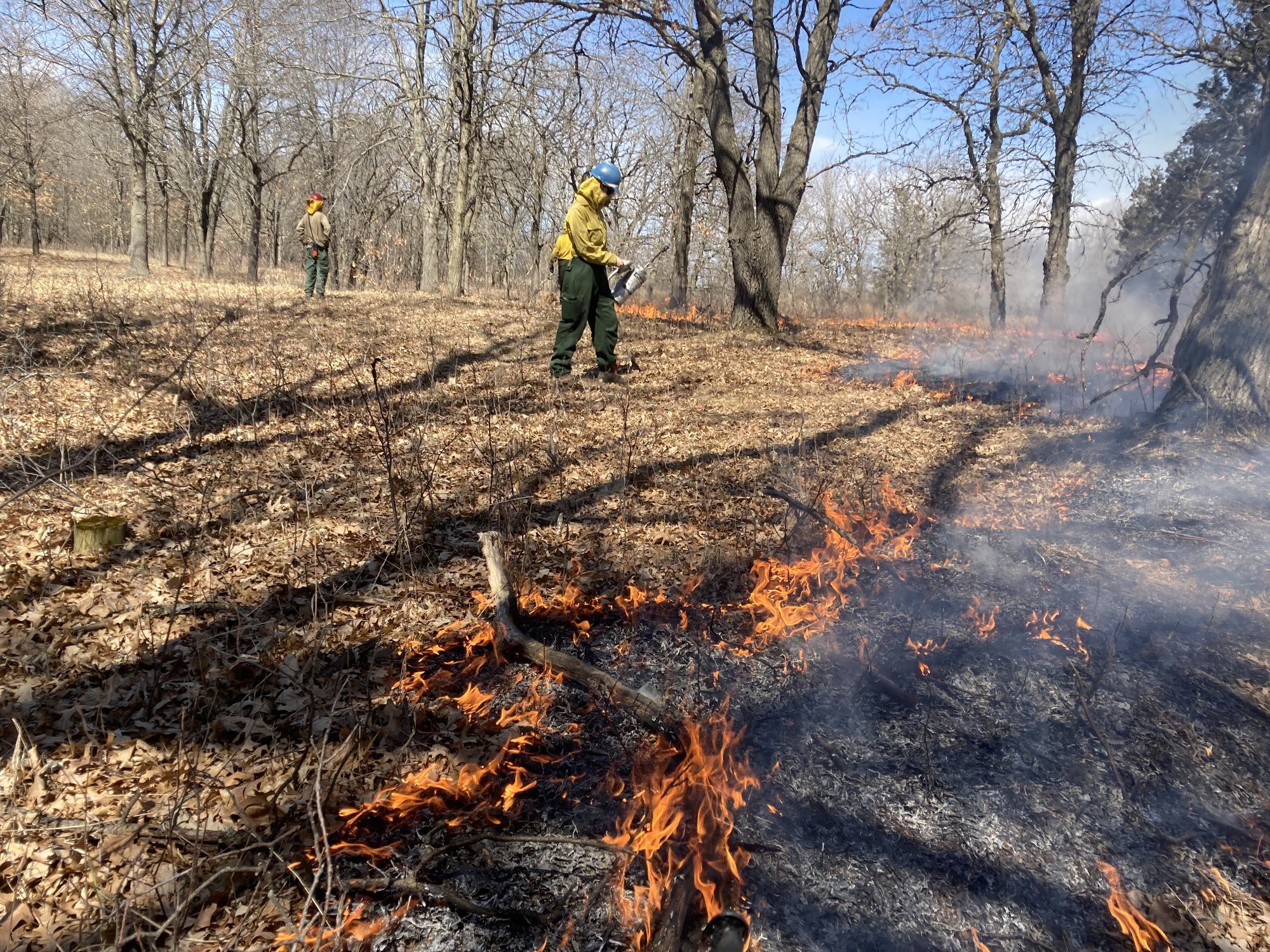 person in fire gear behind a line of fire on the ground