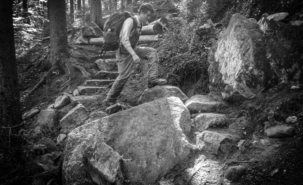 black and white photo of person hiking through forest