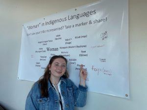 Person pointing to a sign with "women" written in different languages
