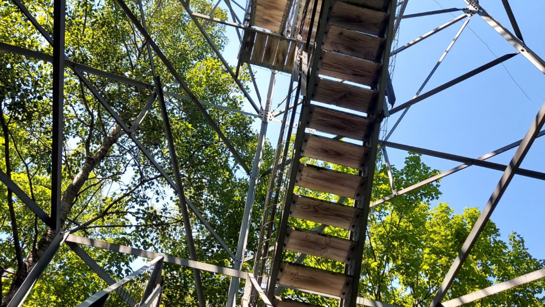 Looking up the stairs at the fire tower