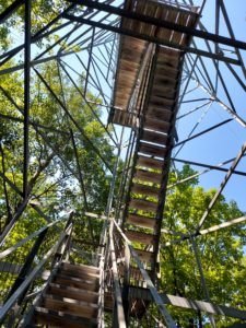 Looking up the stairs at the fire tower