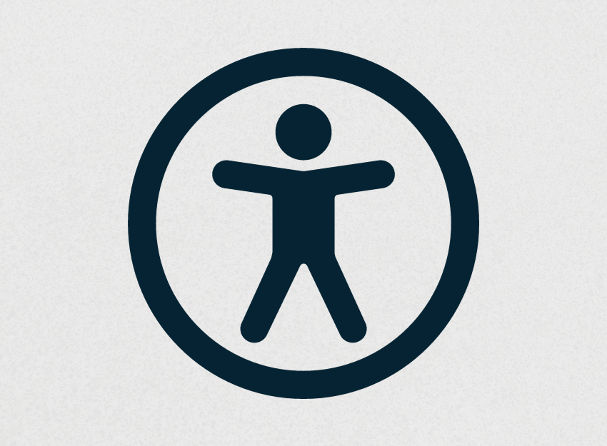 Dark blue accessibility icon (person with arms and legs outstretched.)