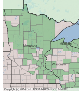 Map showing growing range of the showy ladys slipper in northeastern MN.