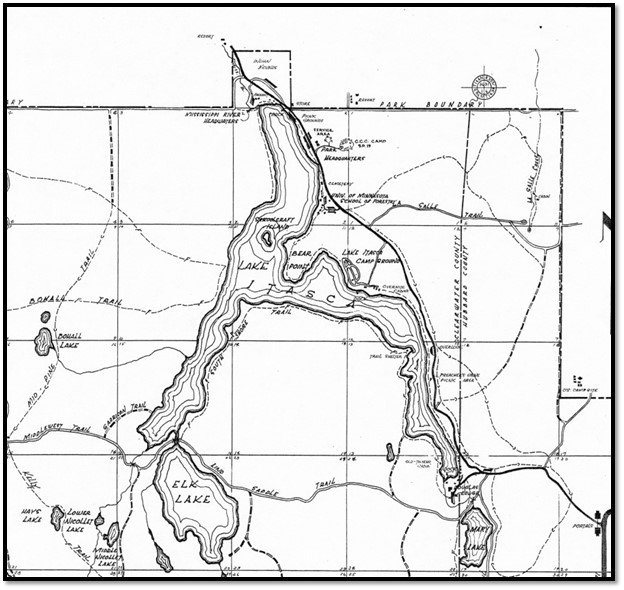 A digital version of an old map of Lake Itasca and surrounding area in Itasca State Park