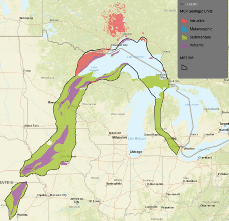Map showing geologic rift from Kansas, to Lake Superior, down to Ohio.