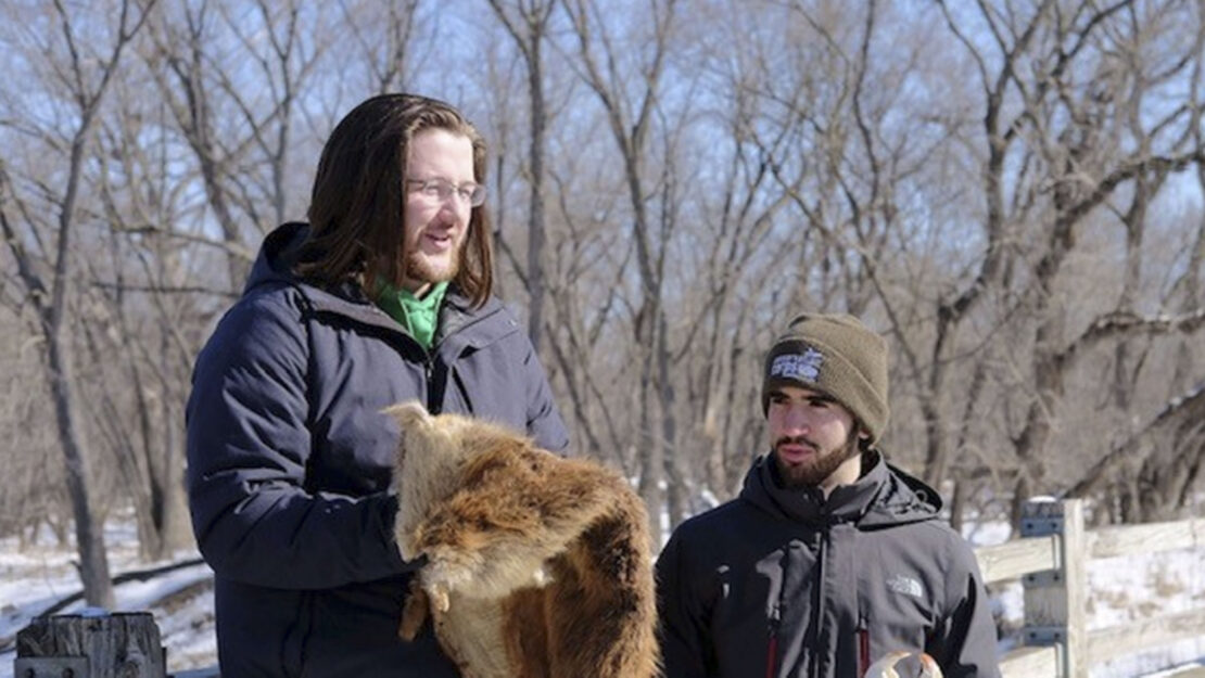 Two people holding a pelt