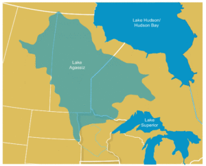 Map showing a historical lake covering almost the entirety of Manitoba, reaching into the surrounding provinces and down into Minnesota and North Dakota.