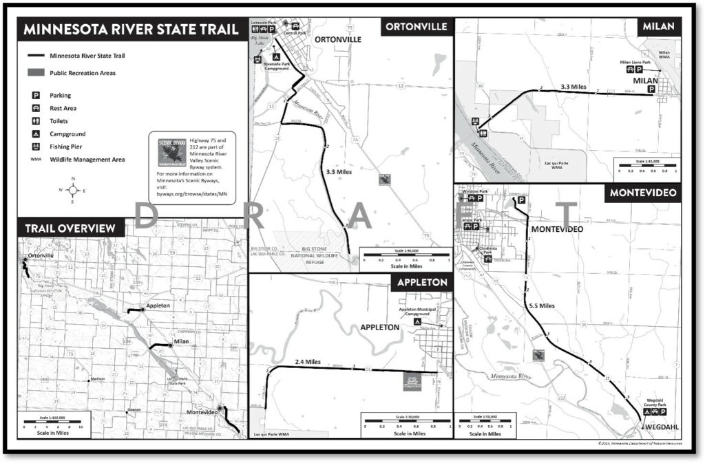 A map showing a bicycle trail through various cities.