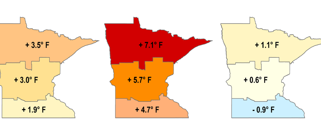 Three maps of MN with temperature changes.