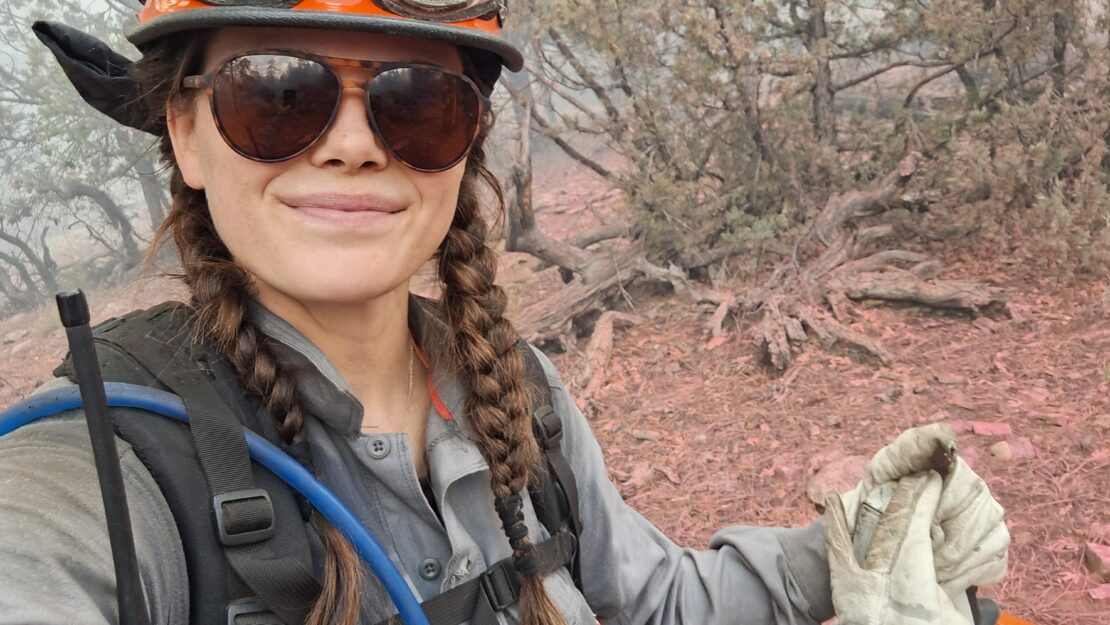 A person in fire gear in a forest,
