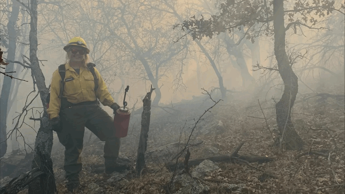 a person in fire gear in a smokey forest.