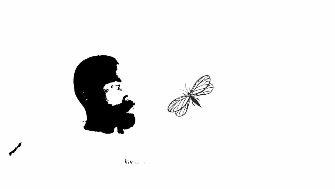A black and white Illustration of a human face next to a bug.
