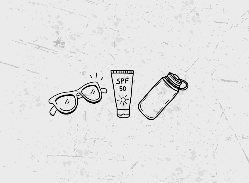 An illustration of glasses, sunscreen bottle, and water bottle.