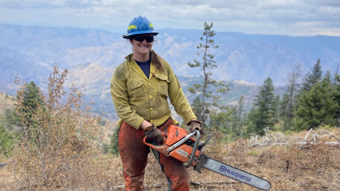 A person with a chainsaw with mountains in the background.