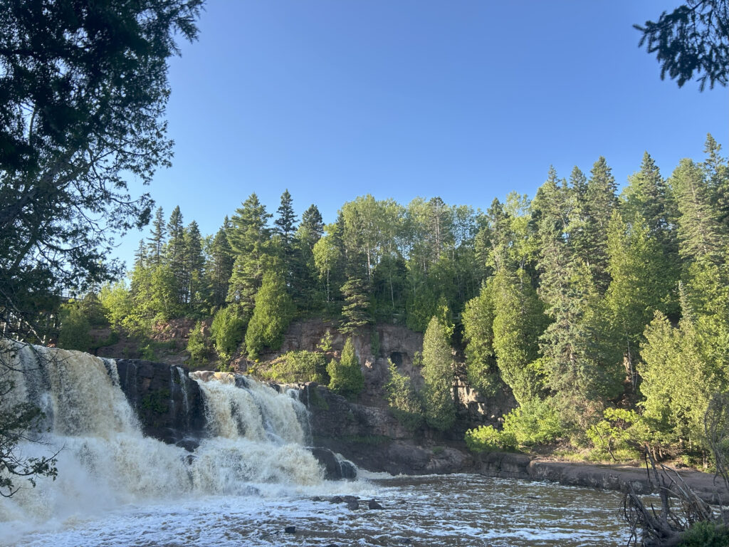 Waterfall and trees.
