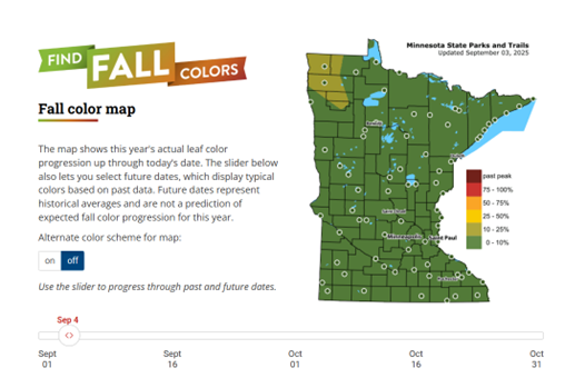 A map showing the range of fall colors in Minnesota.