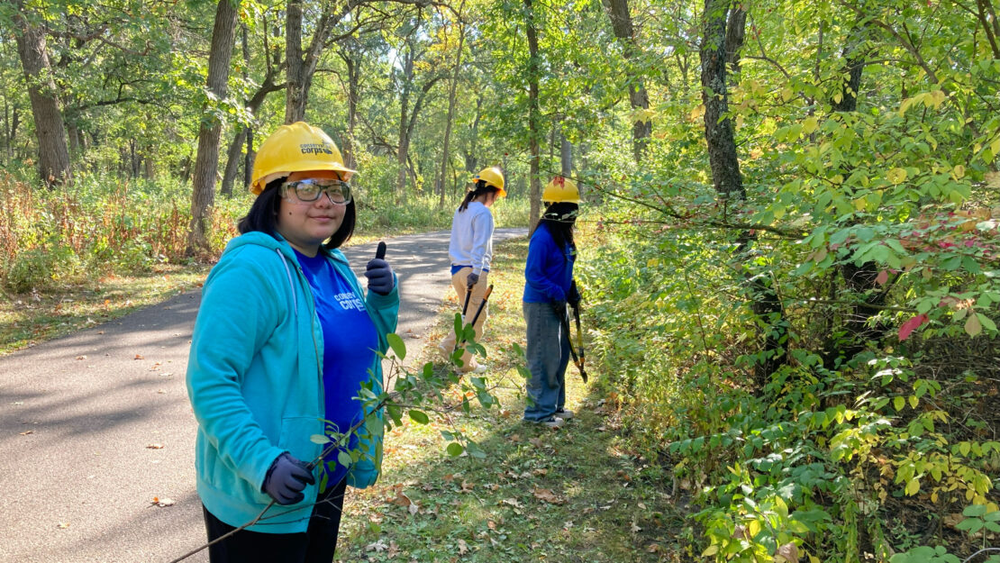 three people using loppers in the forest while wearing yellow hardhats and other PPE